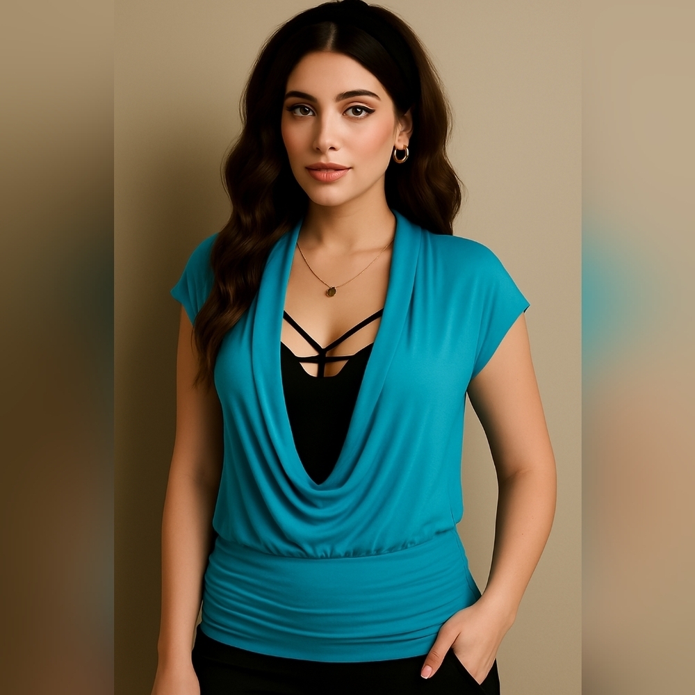 🌊 Happie² Sky Blue Drape Front Blouse Size S Soft Stretch Rayon Deep Cowl Neck
